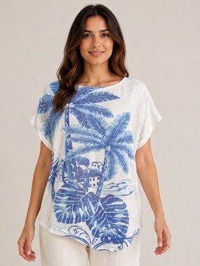 Sioni White Top with Blue Palm Print